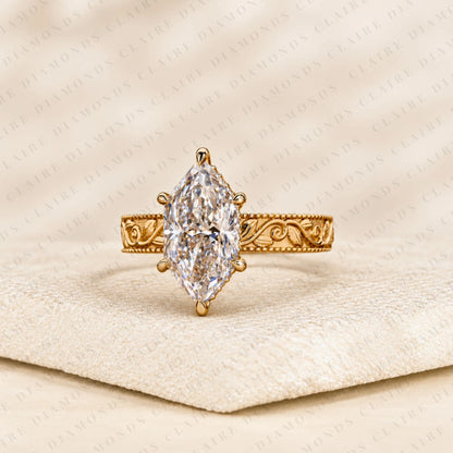 Dutch Marquise Cut Moissanite Diamond Engagement Solitaire Ring Vintage Engraved Gold Band Filigree Wedding Ring Luxury Bridal Jewelry