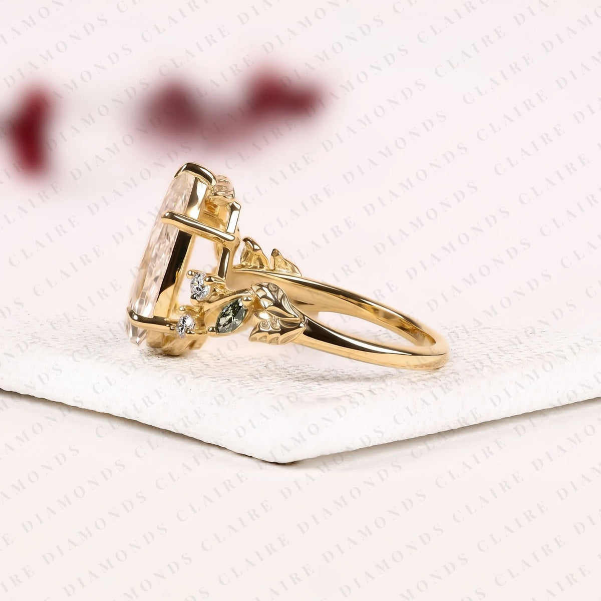Pear Rose Cut Lab Grown Diamond Engagement Ring Green Marquise Side Stones Botanical Leaf Vine Gold Vintage Wedding Ring