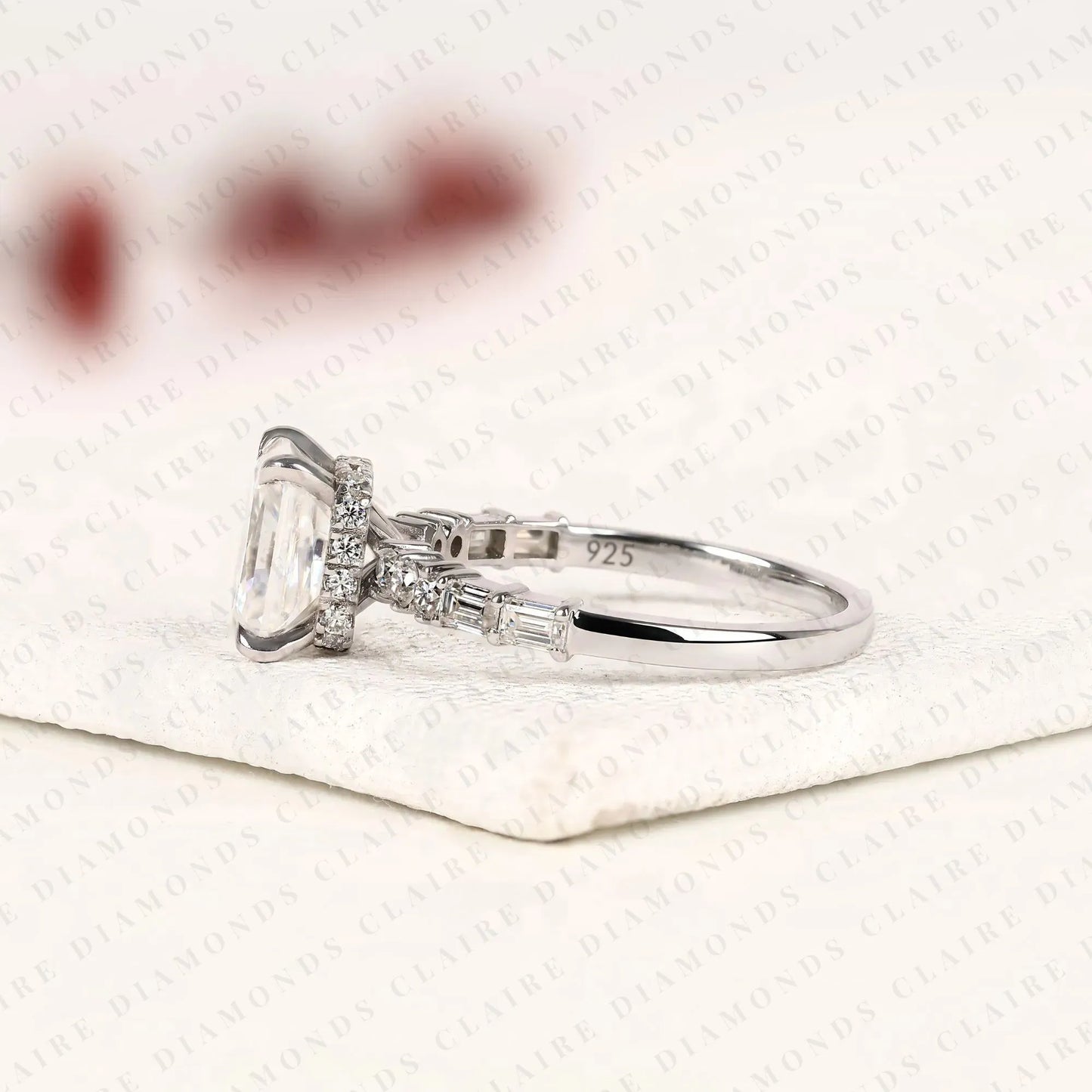 radiant cut moissanite diamond engagement ring with round and baguette side stone accents