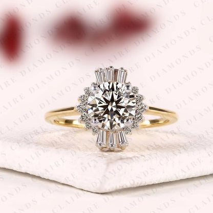 Round Cut Lab Grown Diamond Halo Engagement Ring Baguette Accent Vintage Inspired Bridal Ring Unique Luxury Jewelry