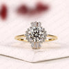Round Cut Lab Grown Diamond Halo Engagement Ring Baguette Accent Vintage Inspired Bridal Ring Unique Luxury Jewelry
