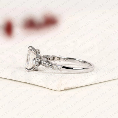 Radiant Cut Lab Grown Diamond Engagement Ring with Round and Baguette Side Stone Accents