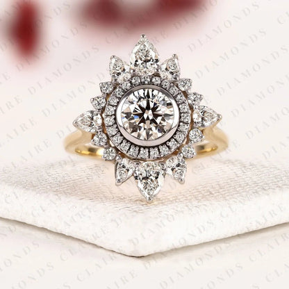 Round Cut Lab Grown Diamond Halo Engagement Ring Floral Sunburst Design with Pear Diamond Accents in Gold