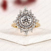 Round Cut Lab Grown Diamond Halo Engagement Ring Floral Sunburst Design with Pear Diamond Accents in Gold