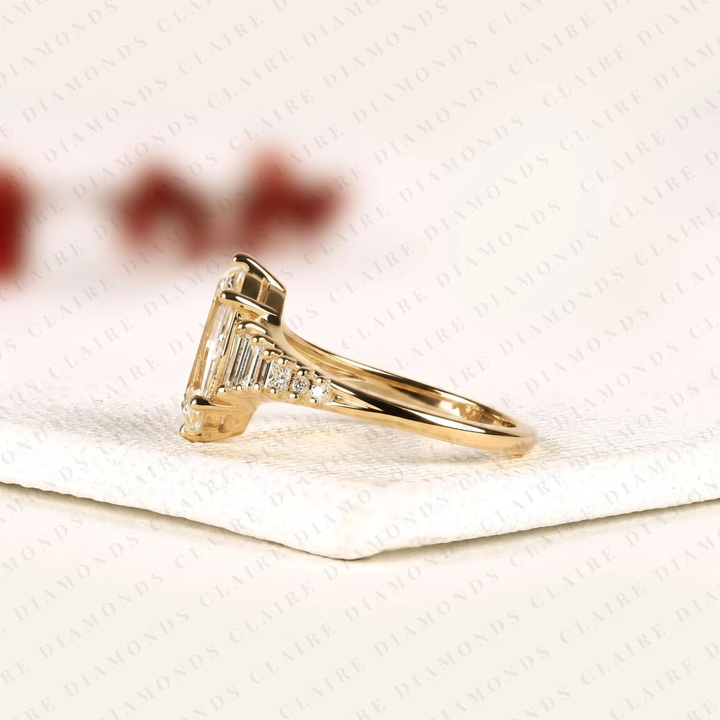 moval step cut moissanite diamond antique engagement ring in yellow gold vintage baguette accent ring