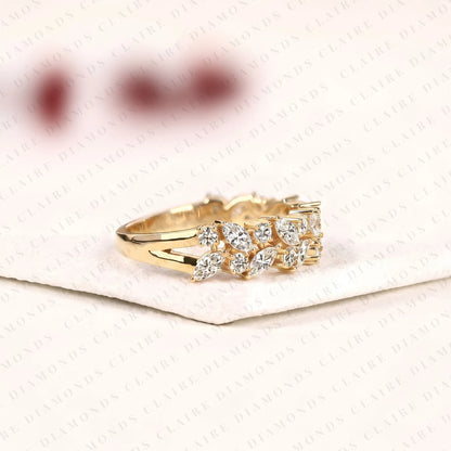1.50 TCW Marquise & Round Cut Moissanite Diamond Nature Inspired Gold Band Ring Half Eternity Wedding Band