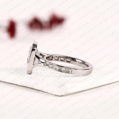 Radiant Cut Moissanite Diamond Bezel Set Engagement Ring with Baguette Pave Set White Gold Modern Luxury Bridal Jewelry