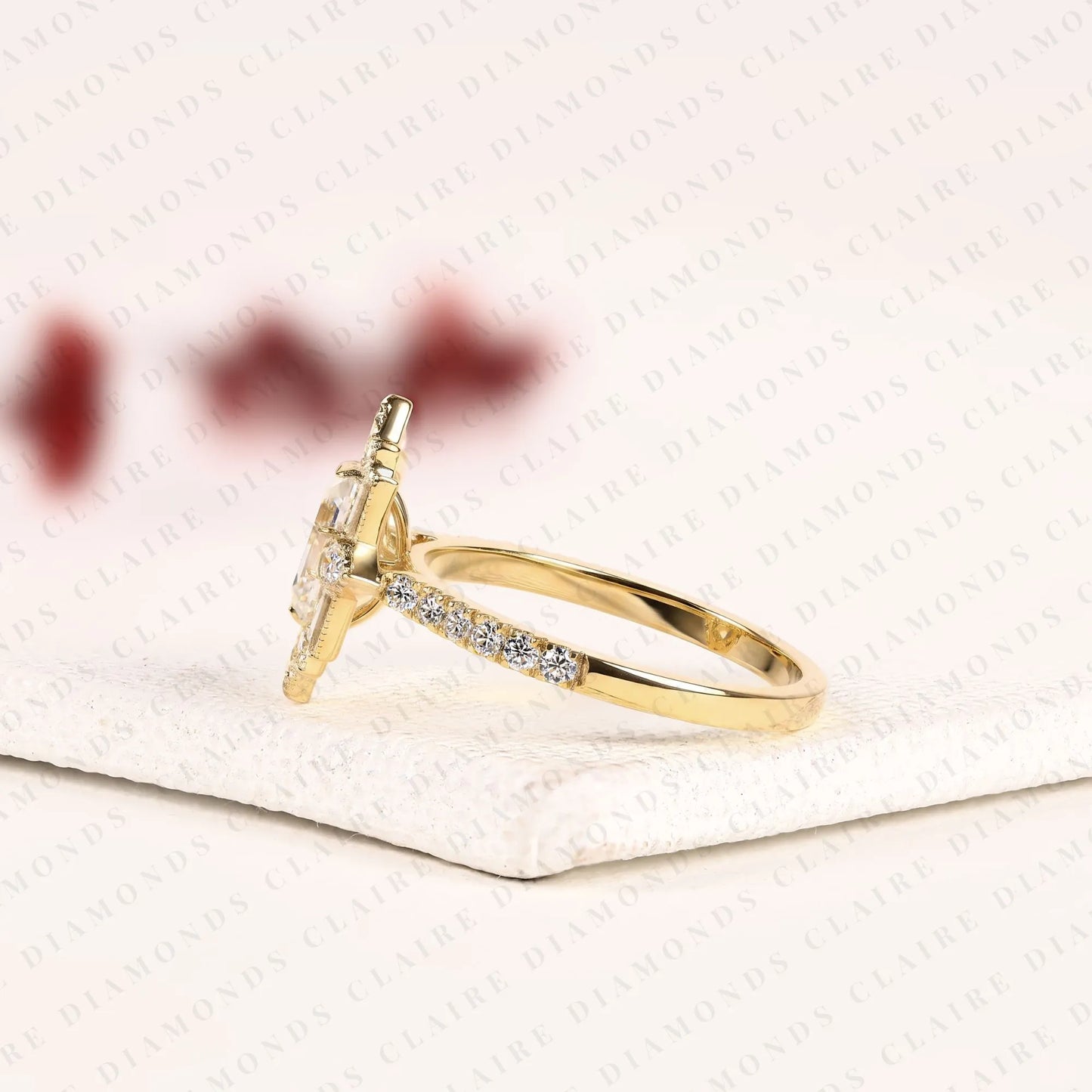 emerald cut lab grown diamond engagement ring milgreen bezel art deco vintage inspired baguette halo diamond bridal ring