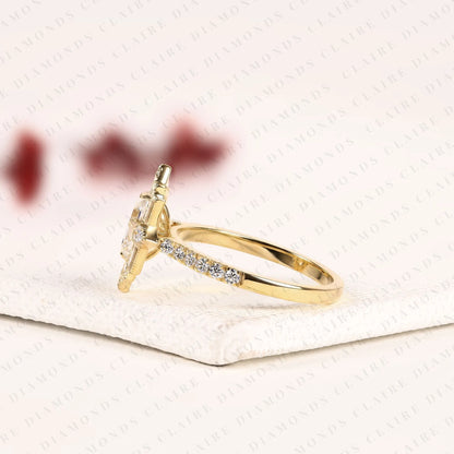 Emerald Cut Lab Grown Diamond Engagement Ring Milgreen Bezel Art Deco Vintage Inspired Baguette Halo Diamond Bridal Ring