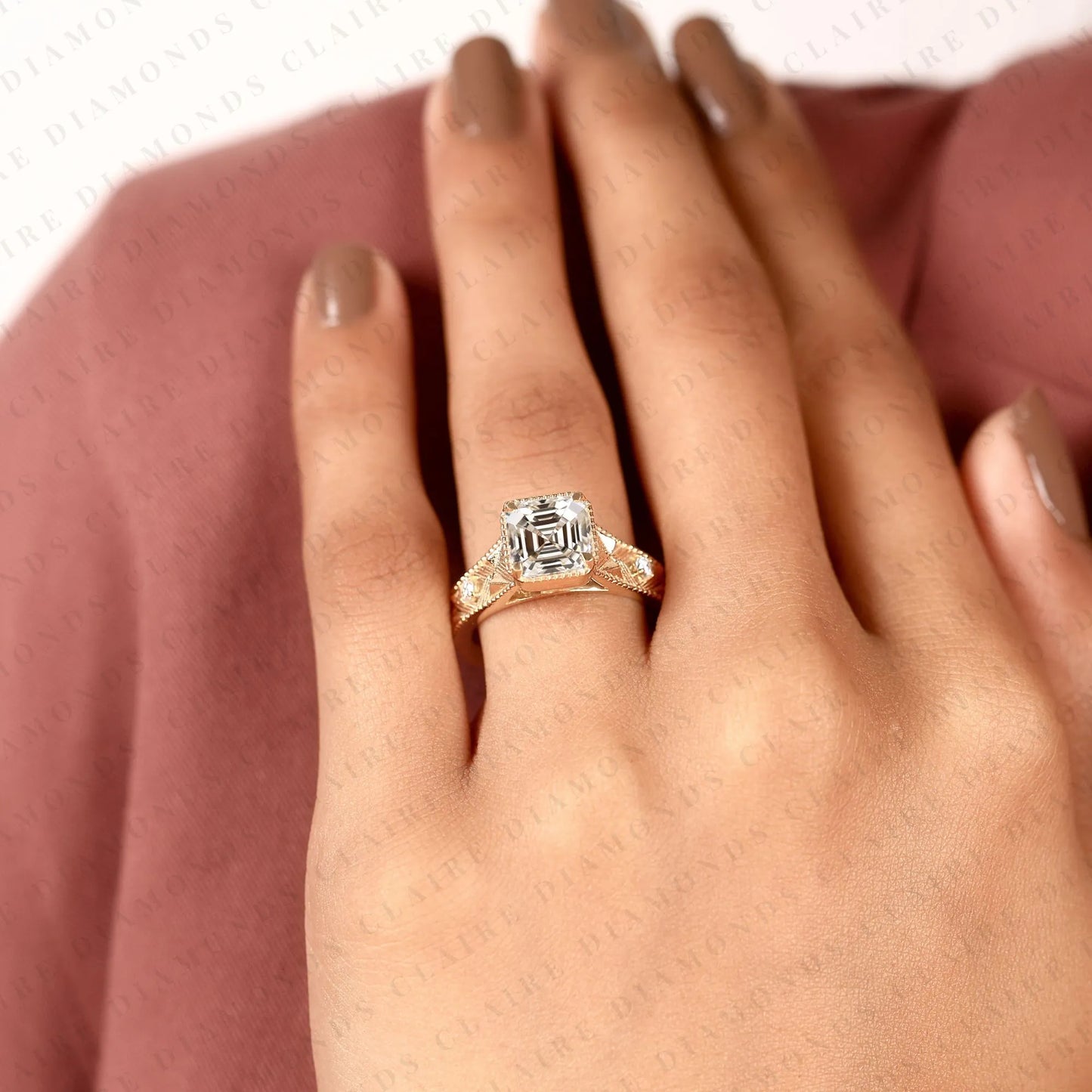 asscher cut moissanite diamond ring with round side stone, vintage engraved art deco band engagement ring solid gold gift.