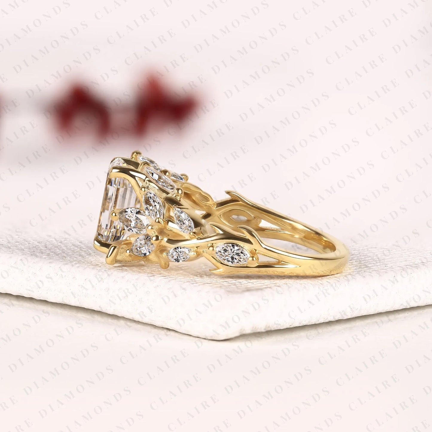 modified emerald cut lab grown diamond engagement ring floral vintage halo ring unique gold bridal ring statement wedding jewelry