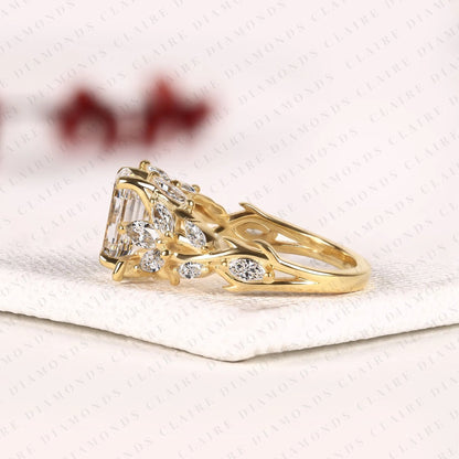 Modified Emerald Cut Lab Grown Diamond Engagement Ring Floral Vintage Halo Ring Unique Gold Bridal Ring Statement Wedding Jewelry