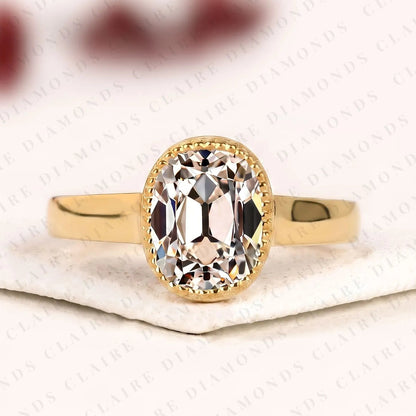 Old Mine Elongated Cushion Cut Lab Grown Diamond Engagement Ring Milgrain Bezel Setting Vintage Inspired Solitaire Bridal Ring
