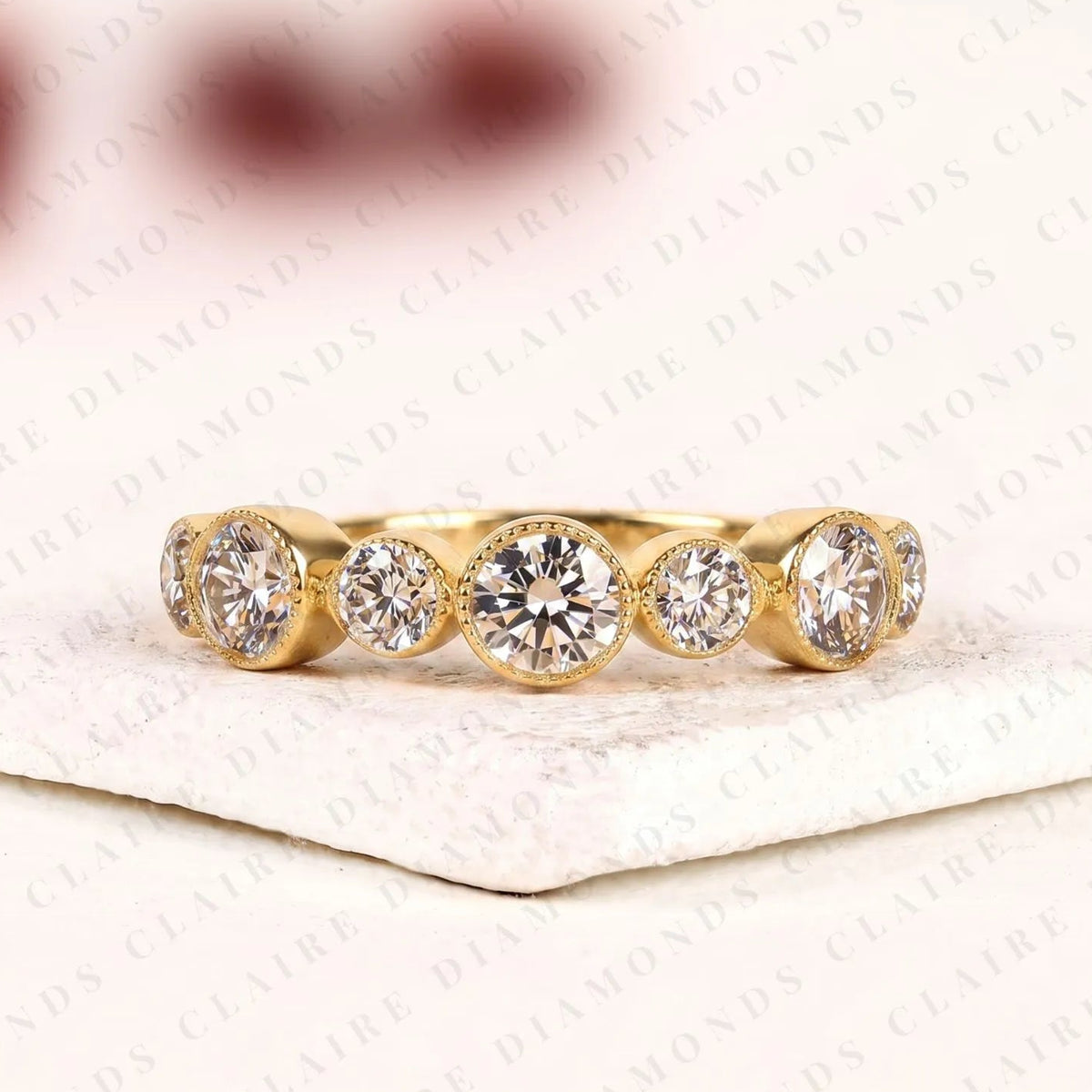 1.15 tcw round cut moissanite diamond bezel band vintage inspired gold diamond wedding ring elegant  half eternity band for women