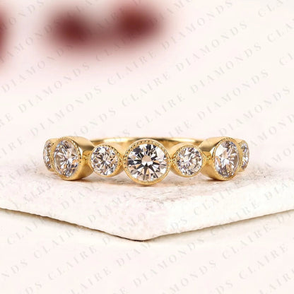 1.15 TCW Round Cut Moissanite Diamond Bezel Band Vintage Inspired Gold Diamond Wedding Ring Elegant  Half Eternity Band for Women
