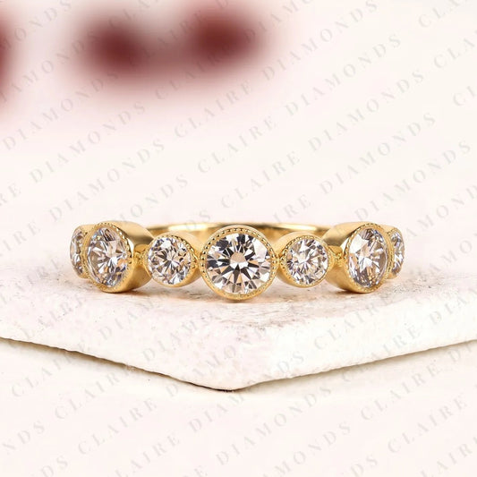 1.15 TCW Round Cut Lab Grown Diamond Bezel Band Vintage Inspired Gold Diamond Wedding Ring Elegant  Half Eternity Band for Women