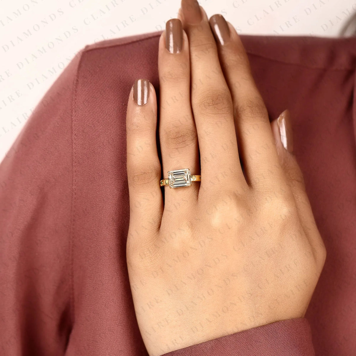 emerald cut lab grown diamond engagement ring yellow gold floral band vintage inspired nature ring with green accent details