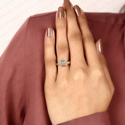 Emerald Cut Lab Grown Diamond Engagement Ring Yellow Gold Floral Band Vintage Inspired Nature Ring with Green Accent Details