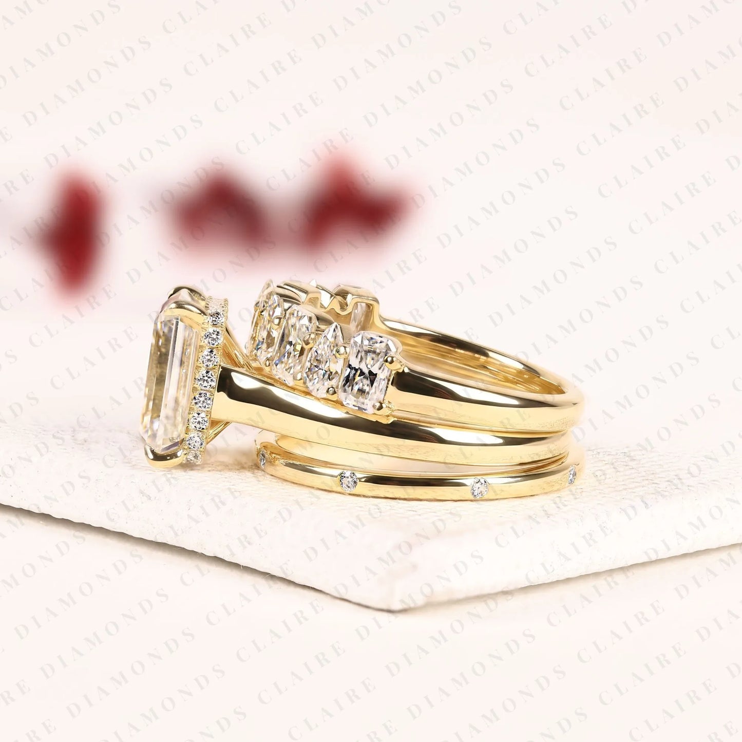 emerald cut lab grown diamond engagement ring set double band bridal set three row diamond ring luxury gold jewelry