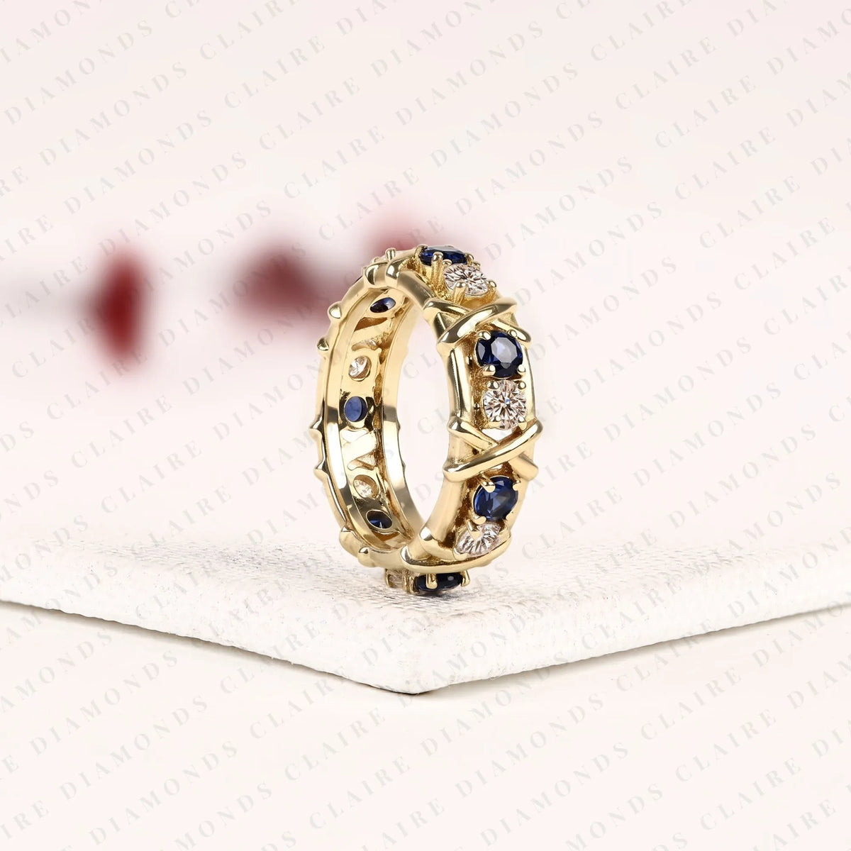 2.10 tcw round lab grown diamond band with blue sapphire accents unique gold eternity wedding ring vintage inspired stackable band for women