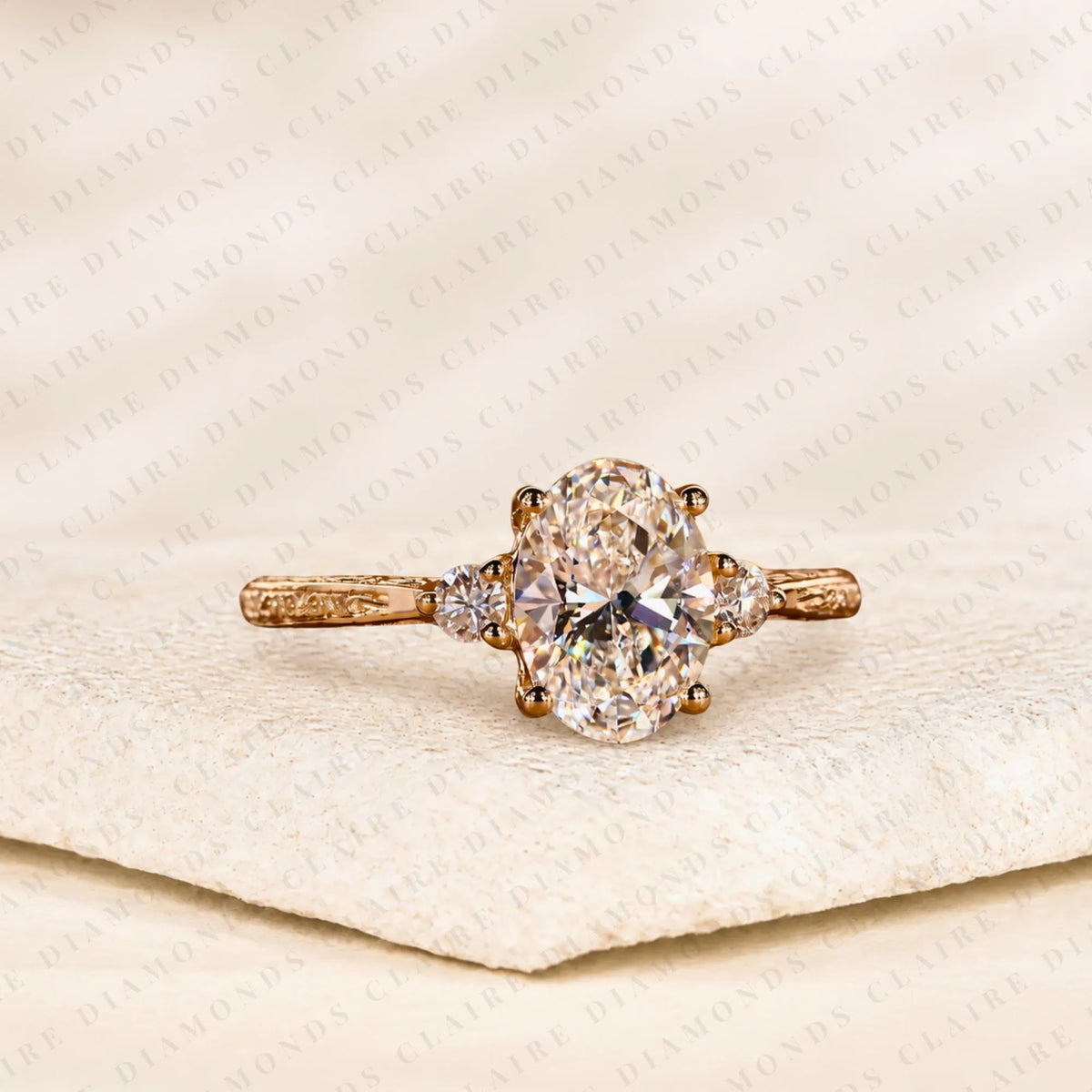 Oval Cut Lab Grown Diamond Ring Vintage Inspired Three Stone Engagement Ring with Side Diamonds Timeless Jewelry