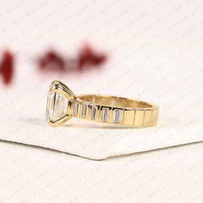 Asscher Cut Lab Diamond Engagement Ring with Baguette Accent Band In Gold.