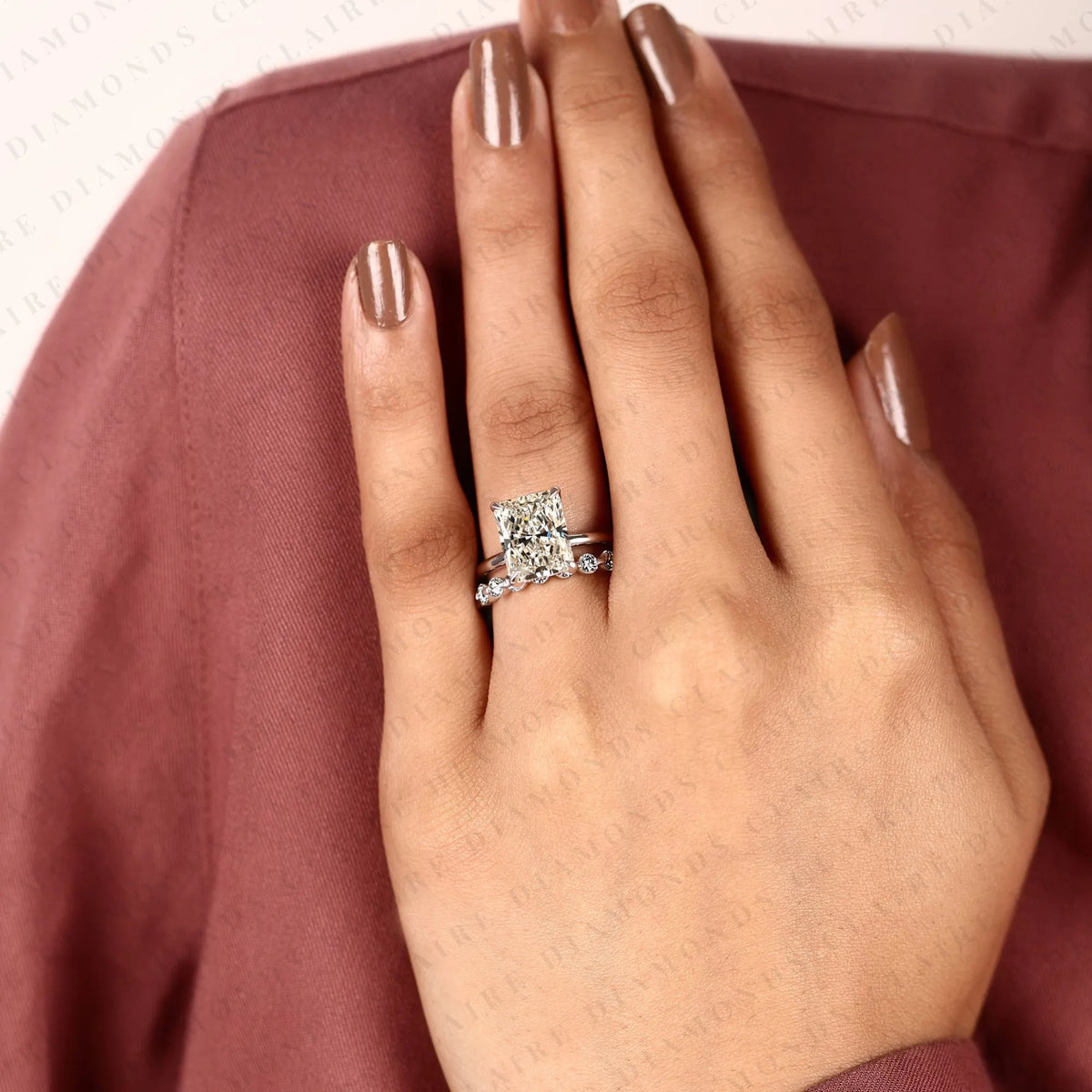radiant cut lab grown diamond engagement ring with white gold pavé band | elongated radiant center stone modern classic bridal ring set