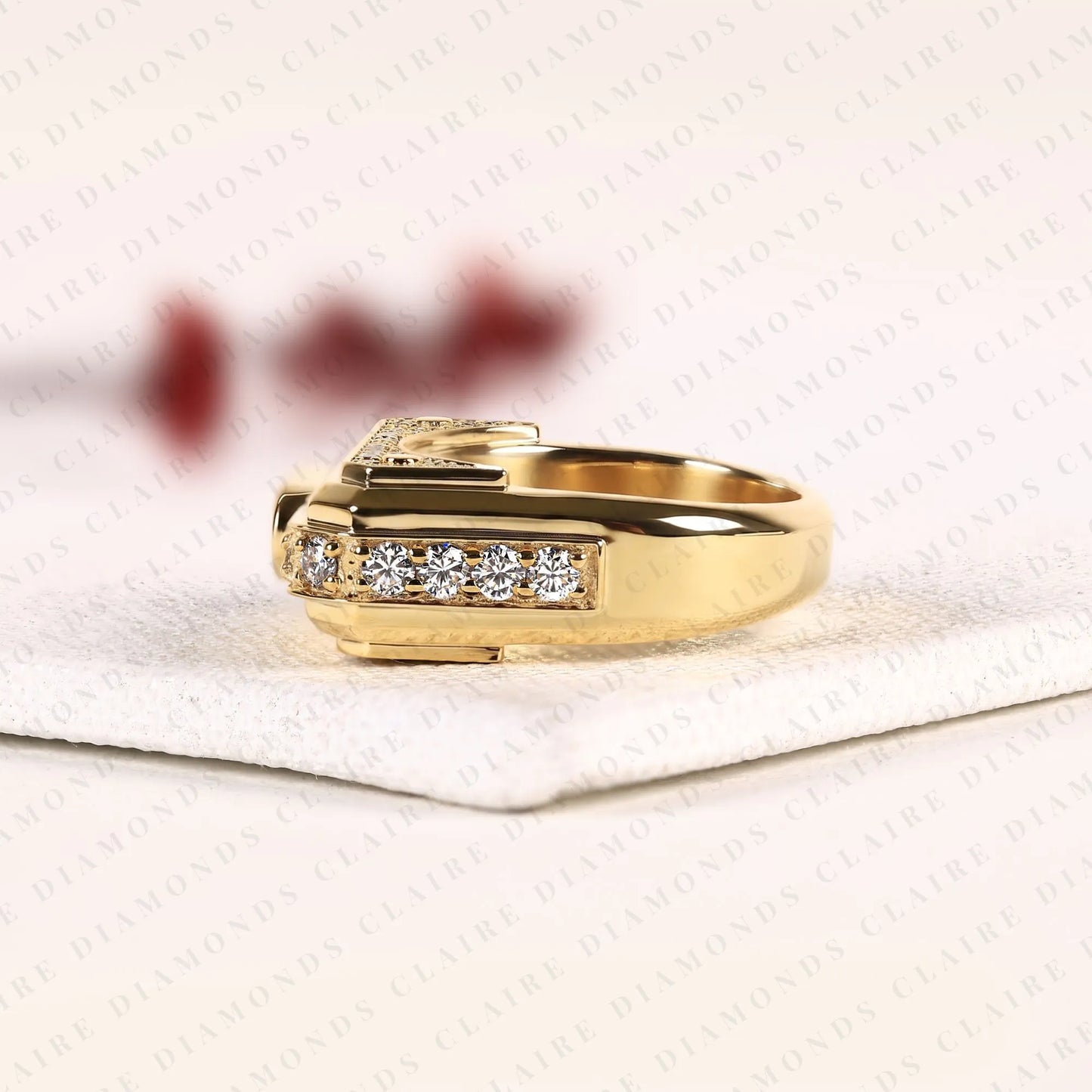 luxury baguette cut moissanite diamond engagement ring in gold with round accent side diamonds for men.