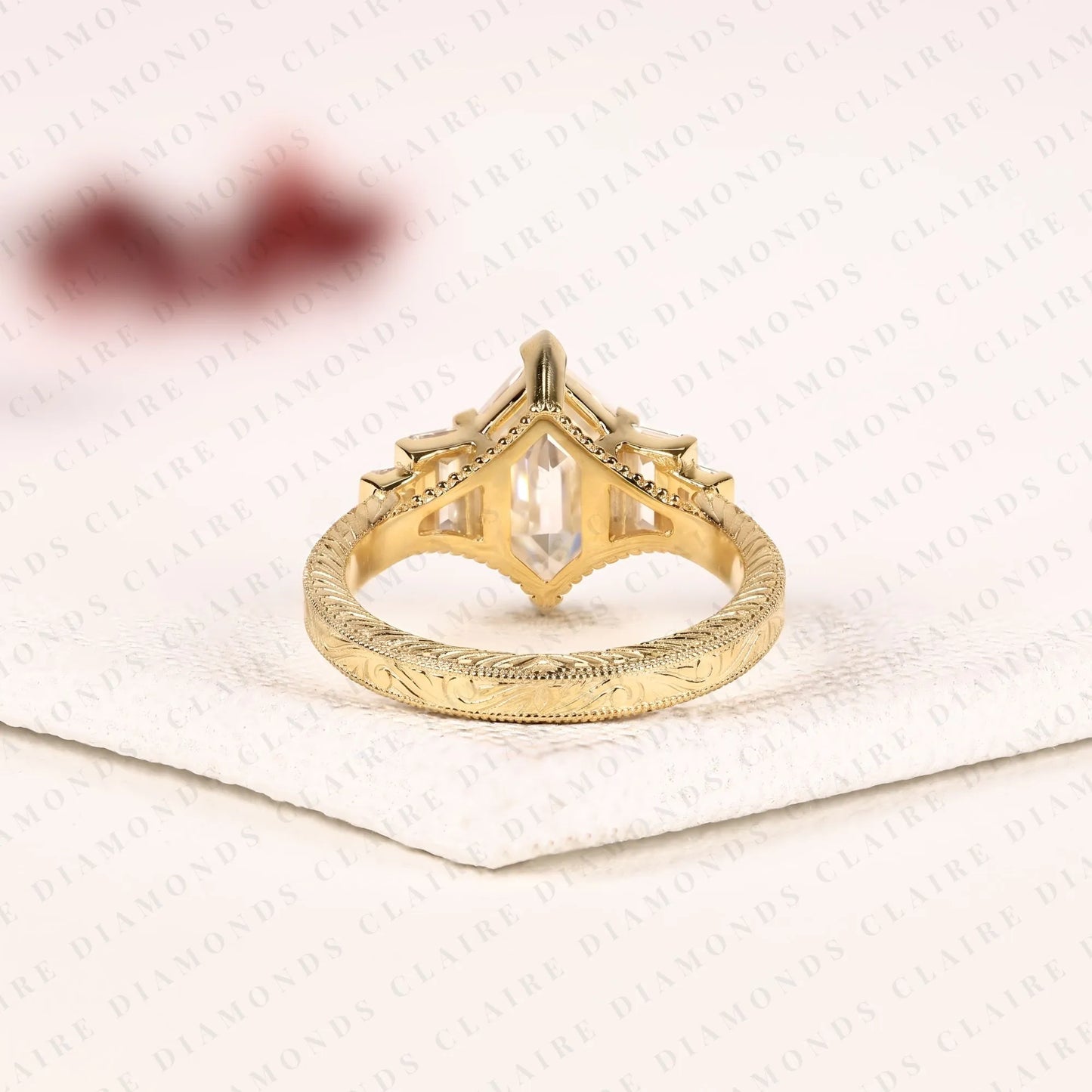 hexagon cut moissanite diamond engagement ring art deco step cut ring vintage engraved gold ring baguette side stone bridal ring.