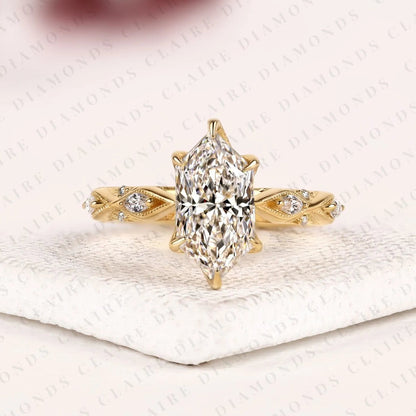 Dutch Marquise Cut Lab Grown Diamond Engagement Ring Leaf Vine Band Nature Inspired Unique Bridal Ring Luxury Wedding Jewelry