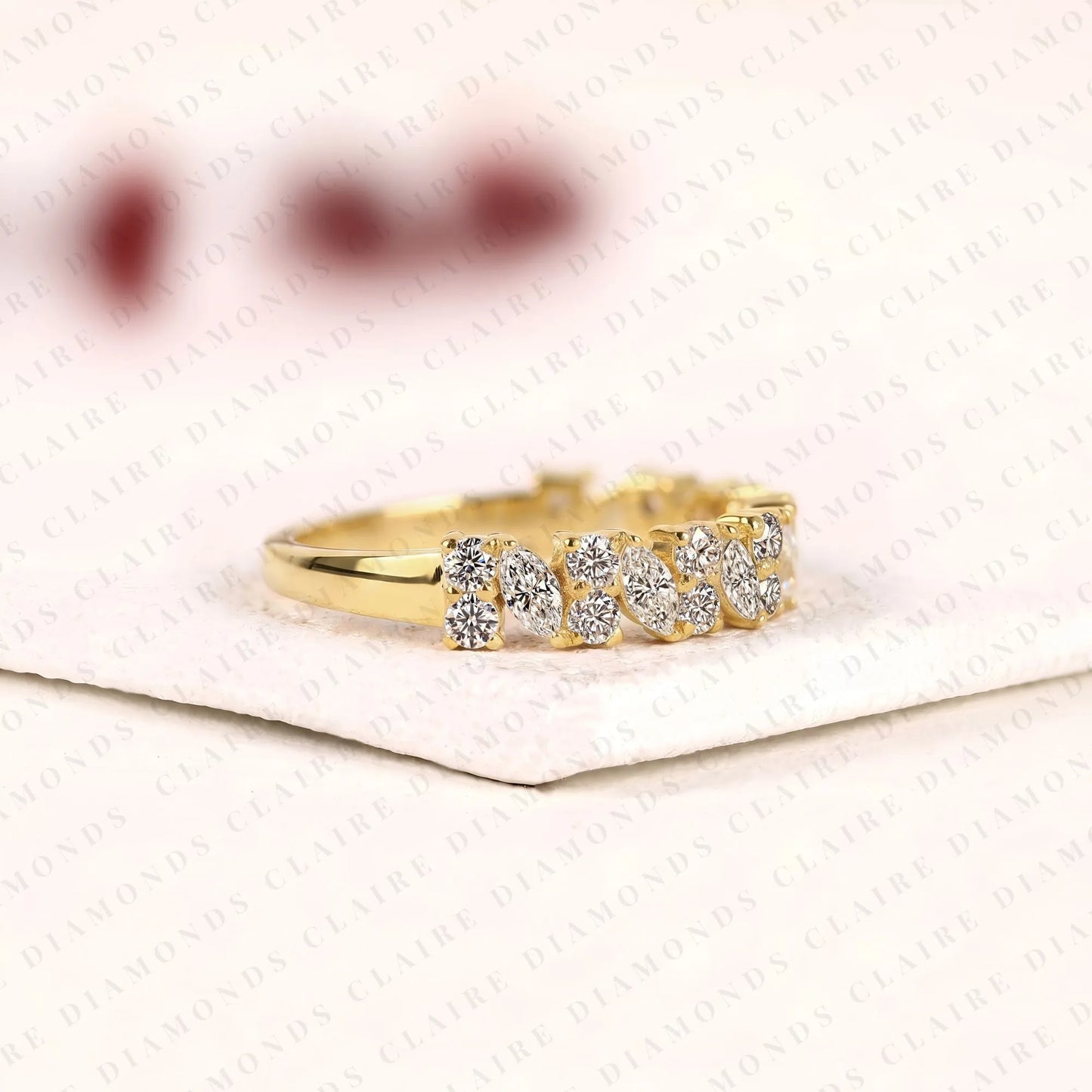1.12 tcw marquise & round cut moissanite diamond half eternity wedding band yellow gold alternating band