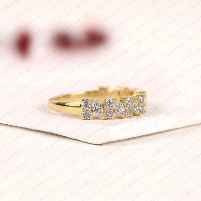 1.12 TCW Marquise & Round Cut Moissanite Diamond Half Eternity Wedding Band Yellow Gold Alternating Band
