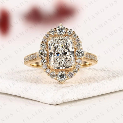 Radiant Cut Lab Grown Diamond Halo Engagement Ring Vintage Inspired Bridal Ring  Elegant Wedding Jewelry