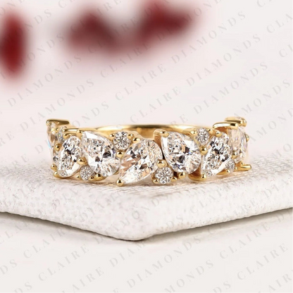 4.00 TCW Pear & Round Cut Lab Grown Diamond Wedding Floral Cluster Eternity Band Vintage Inspired Bridal Jewelry