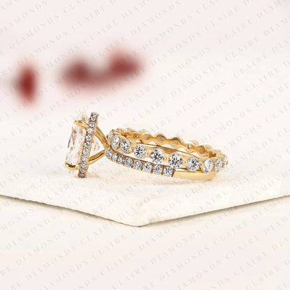 Oval Cut Moissanite Diamond Engagement Ring Hidden Halo with Matching Diamond Band Ring For Her