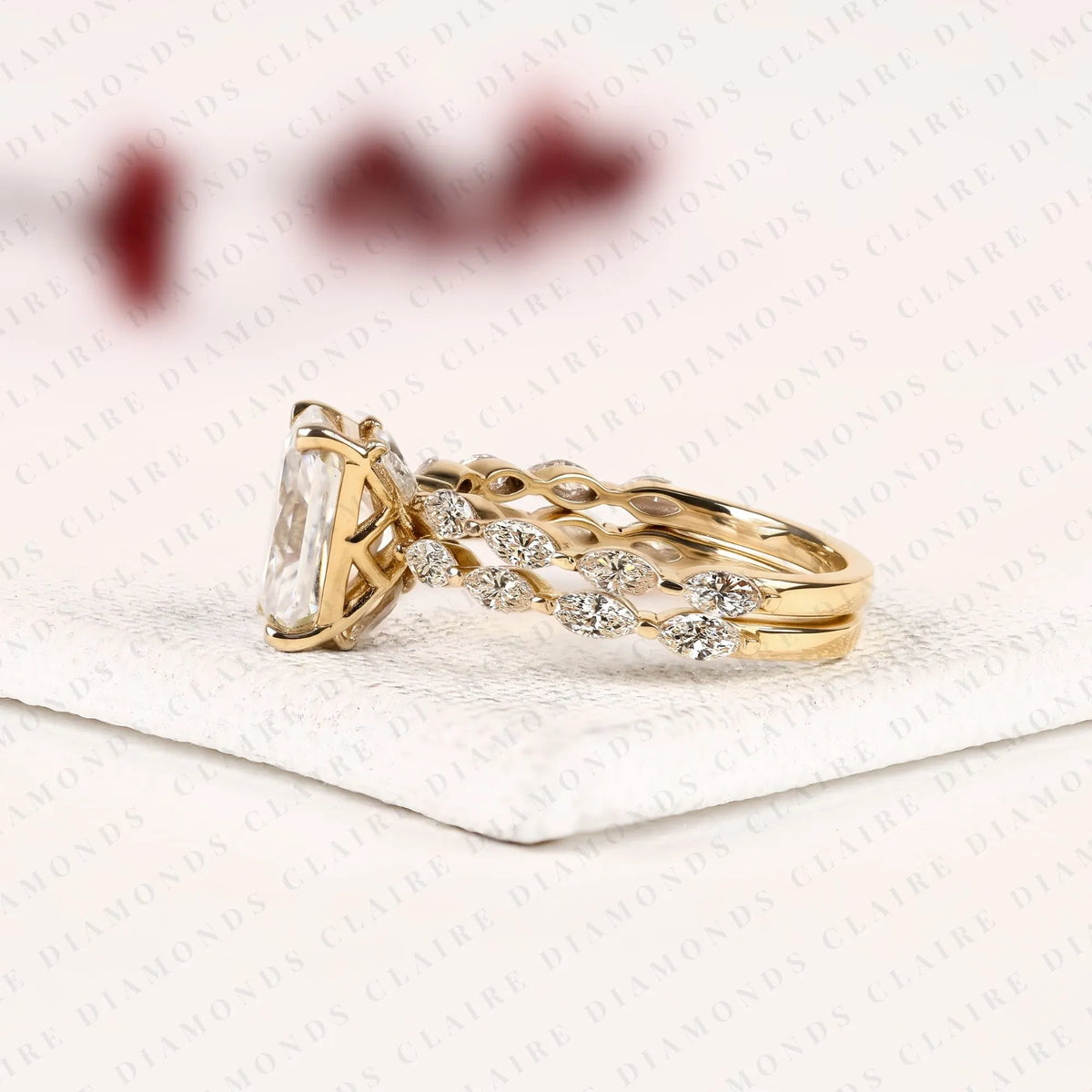 radiant cut lab grown diamond engagement ring set yellow gold double band with pavé side stones unique luxury bridal ring set