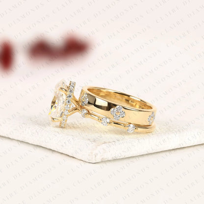Oval Cut Moissanite Diamond Engagement Ring Set Floral Accent  Vintage Inspired Diamond Ring
