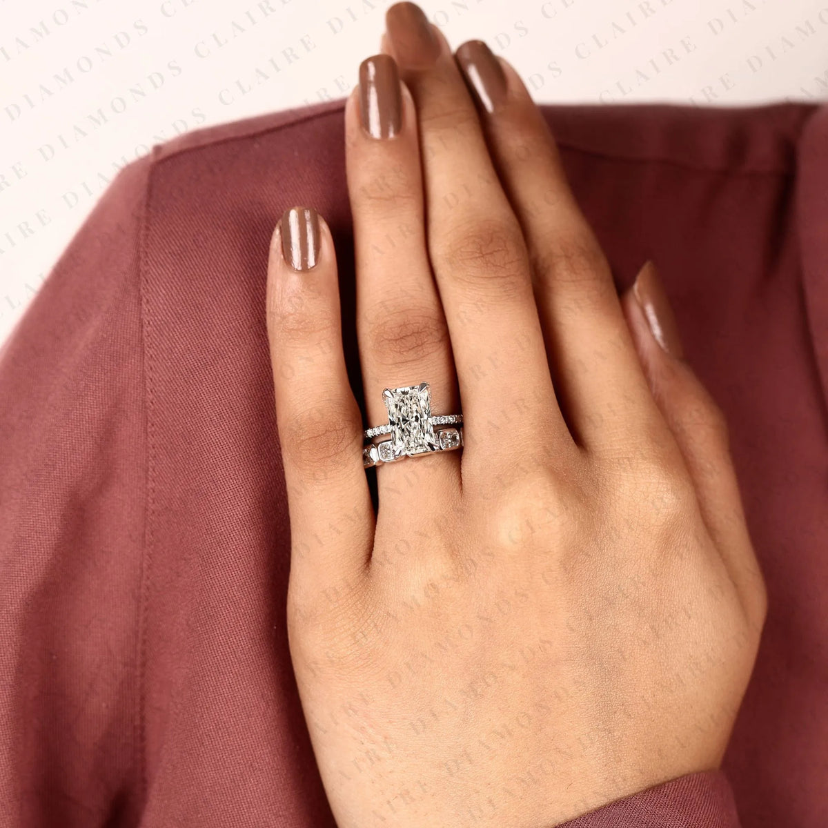 radiant cut lab grown diamond engagement ring double band bridal set with pave diamond accents modern luxury white gold wedding ring