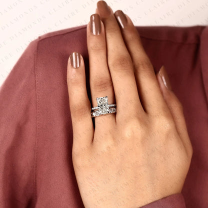 Radiant Cut Lab Grown Diamond Engagement Ring Double Band Bridal Set with Pave Diamond Accents Modern Luxury White Gold Wedding Ring