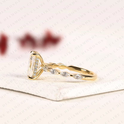 Radiant Cut Lab Grown Diamond Hidden Halo Engagement Ring in Yellow Gold Marquise Accent Band