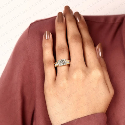East-West Radiant Cut Lab Grown Diamond Engagement Ring Pavé Band Modern Horizontal Setting Elegant Bridal Jewelry
