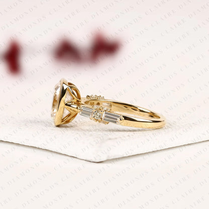 Old Mine Elongated Cushion Cut Lab Grown Diamond Engagement Ring Yellow Gold Bezel Ring with Baguette Side Stone Modern Luxury Bridal Jewelry