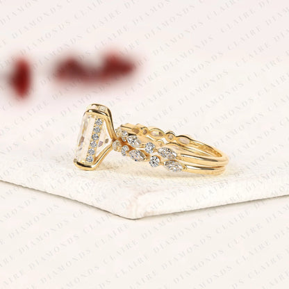 Designer Radiant Cut Moissanite Bridal Ring Set with Marquise and Round Diamond Accents
