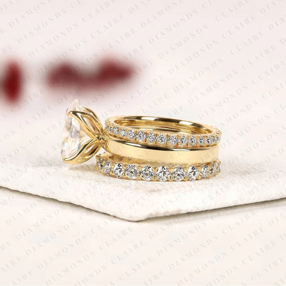 Oval Cut Lab Grown Diamond Bridal Set Hidden Halo Engagement Ring with Matching Wedding Band Yellow Gold Oval Ring Pave Diamond Bridal Ring Set IGI Certified Wedding Jewelry