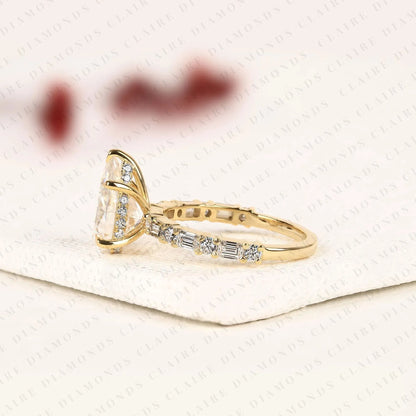 Pear Cut Lab Grown Diamond Engagement Ring Baguette & Round Accent Diamond Band Bridal Ring  Elegant Wedding Ring