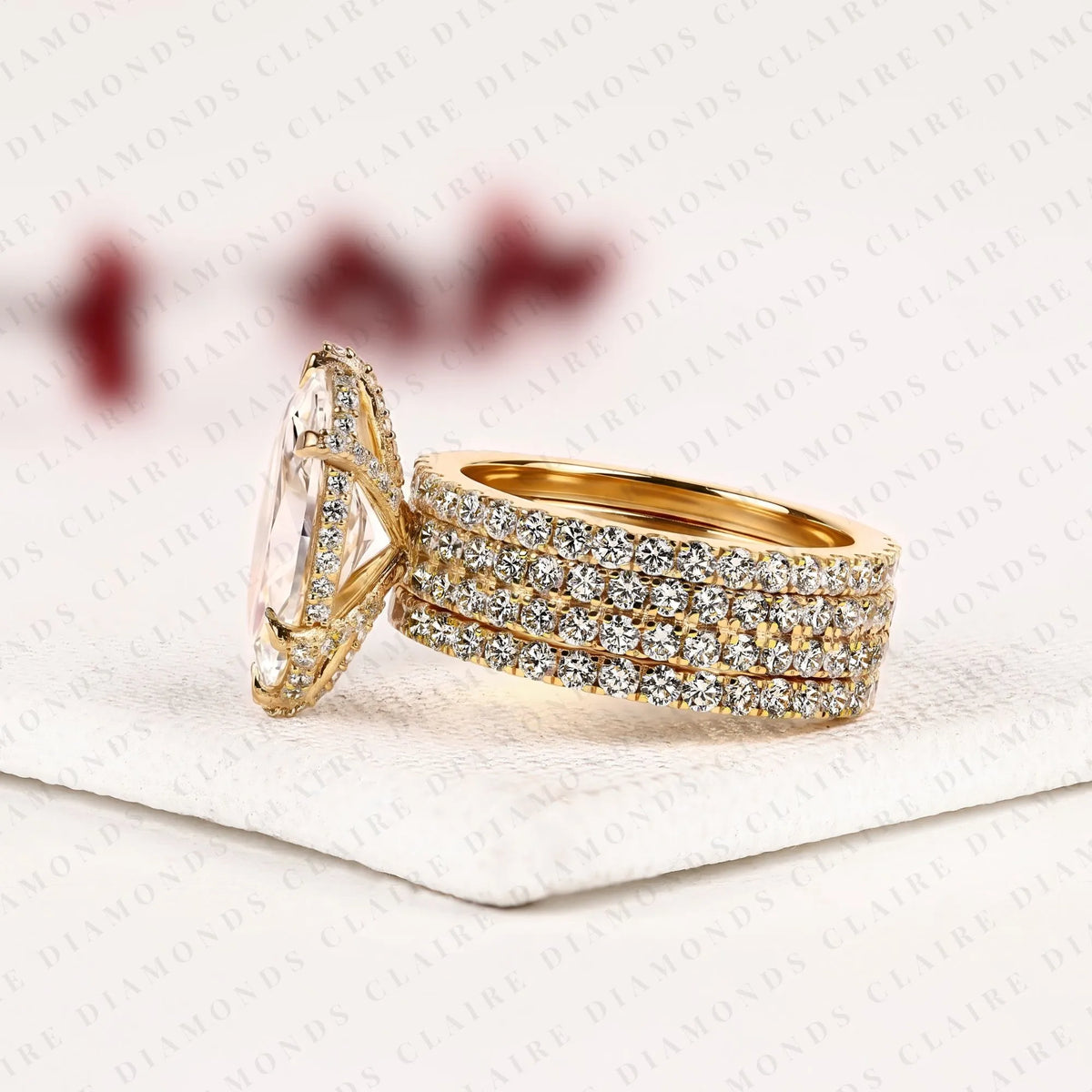 oval cut lab grown diamond hidden halo ring multi row pave gold band luxury bridal set wedding ring for women