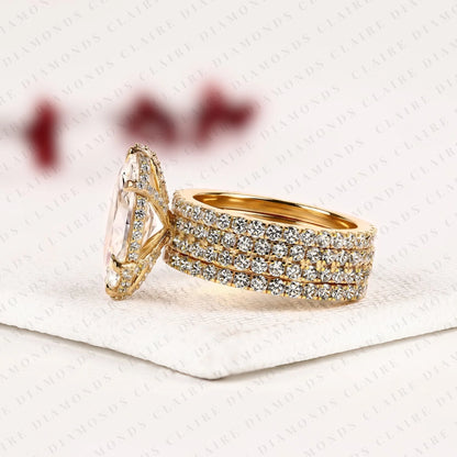 Oval Cut Lab Grown Diamond Hidden Halo Ring Multi Row Pave Gold Band Luxury Bridal Set Wedding Ring for Women