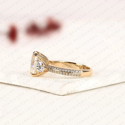 Cushion Cut Three Stone Moissanite Diamond Engagement Ring Trillion Side Stone Diamond Ring Split Shank Pave Ring