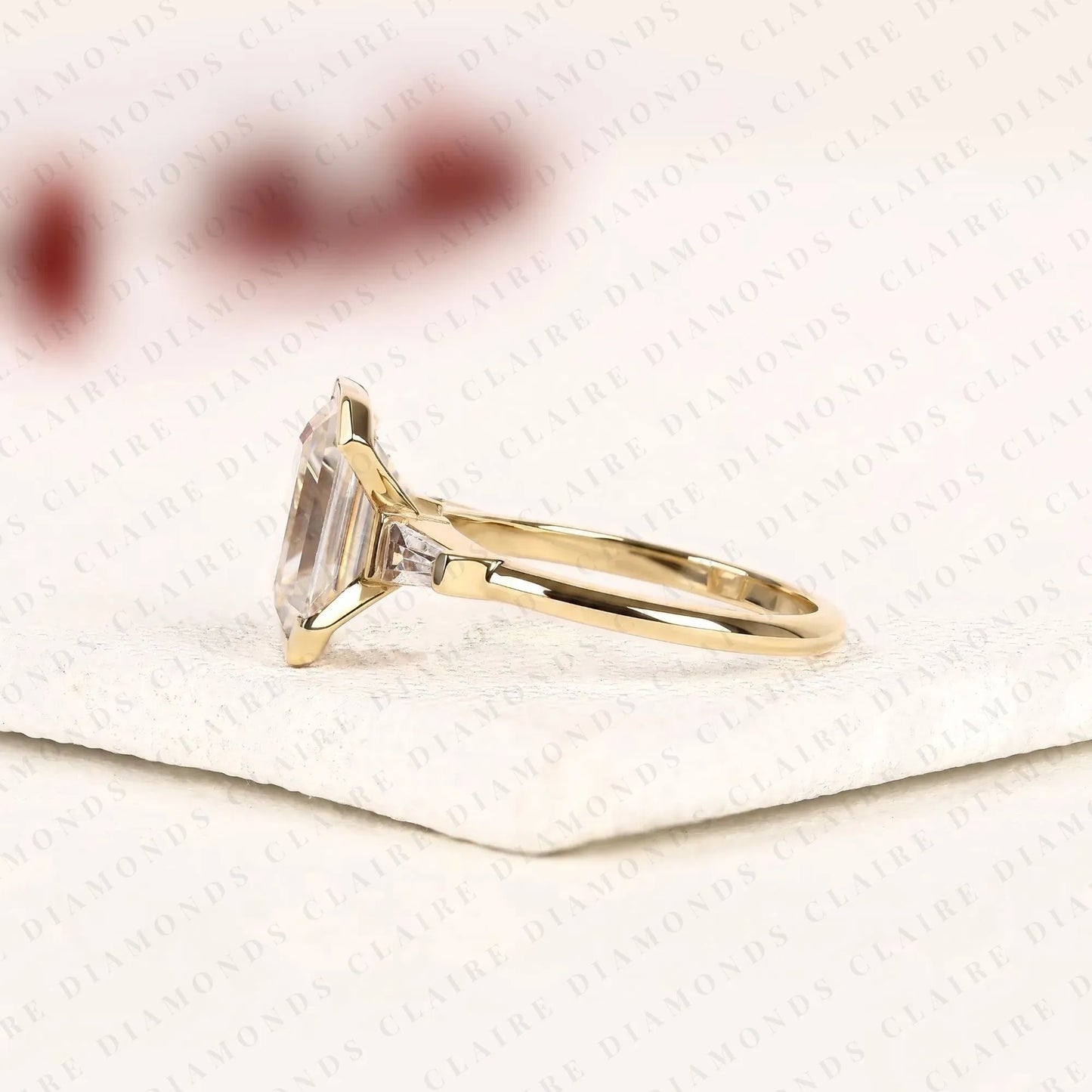 emerald cut lab grown diamond past, present & future gold ring ,half bezel & three tone engagement ring with tapered baguette side diamonds ring.
