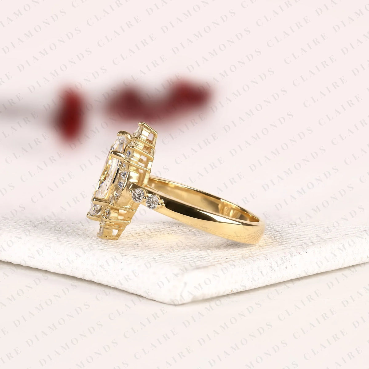 marquise cut moissanite diamond engagement ring floral halo with baguette accents yellow gold vintage inspired bridal ring